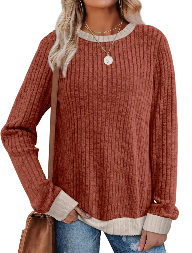 Color Matching Casual Round Neck Pullover Long Sleeve Top Caramel Color - Shop at LoveMi