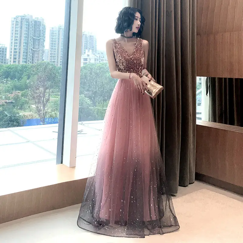 Fairy Long Host Birthday Party Starry Sky Gradient Dress