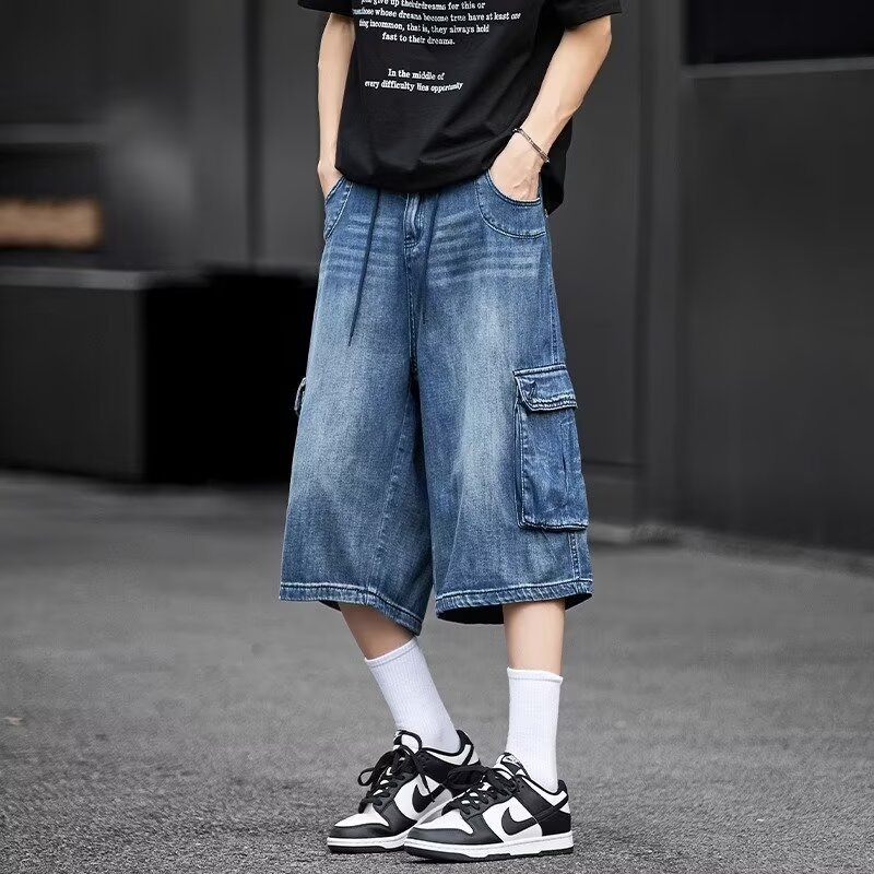 American-style Loose-fit Multi-pocket Workwear Denim Capri Pants