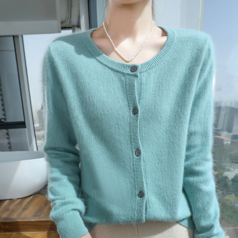 Womens Loose Button-up Solid-color Cropped Sweater With A Crew Neck