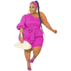 European And American Plus Size Fashion One-shoulder Ruffled Tied Two-piece Women's Clothing - Red - View 1