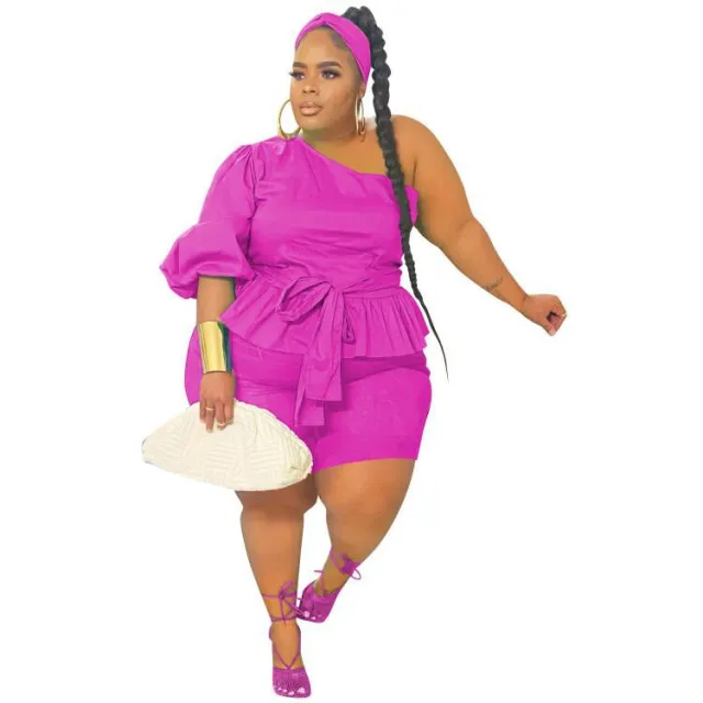 European And American Plus Size Fashion One shoulder Ruffled Tied Two piece Women's Clothing Red - Shop at LoveMi
