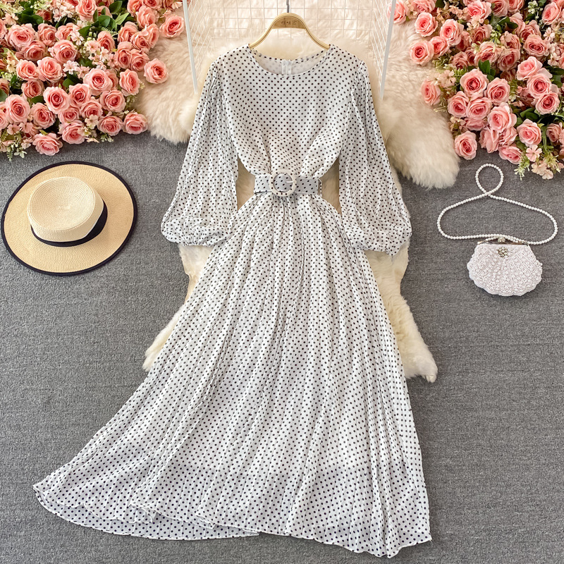 Round Neck Pleated Polka Dot Chiffon Dress White - Shop at LoveMi