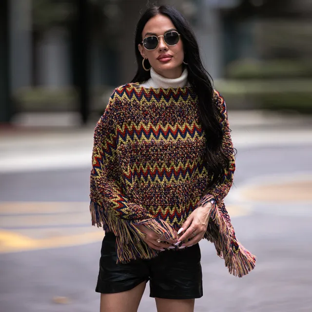 V neck Cloak Type Twill Plaid Tassel Pullover Shawl Knitwear Sweater Red - Shop at LoveMi