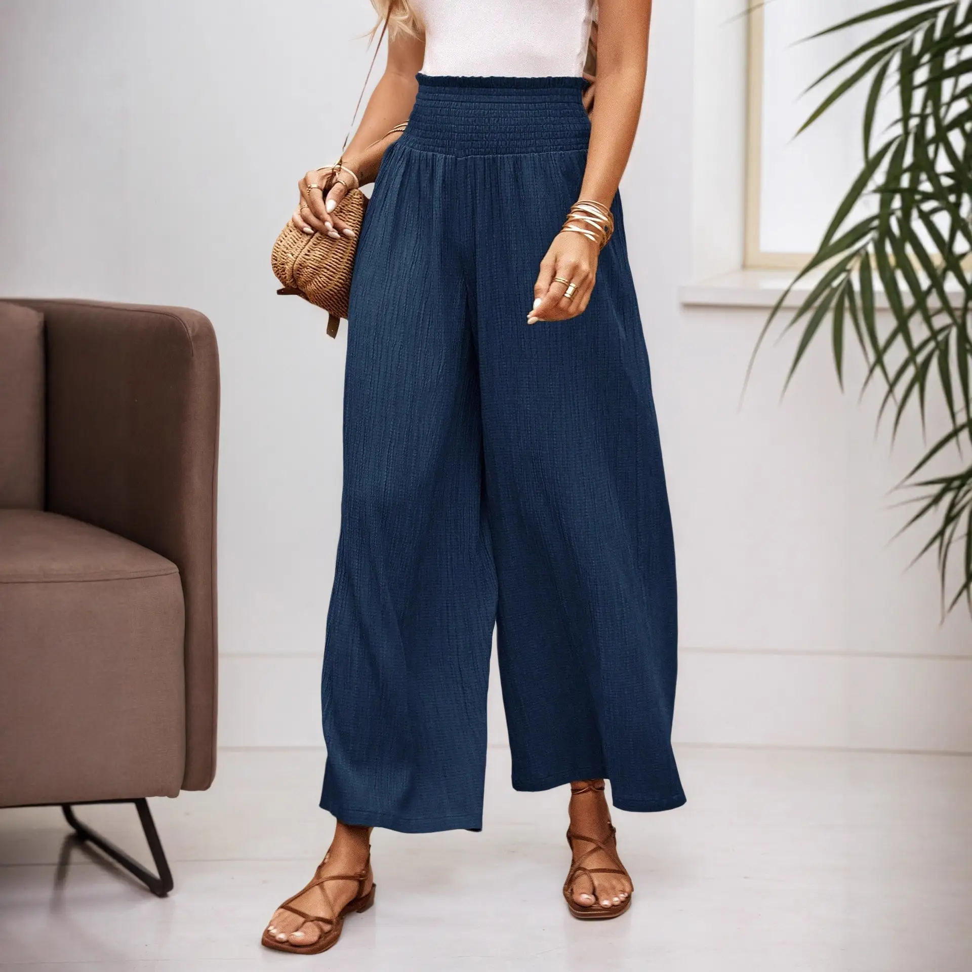 Womens Solid Color High Waisted Casual Loose Fitting Wide Leg Pants