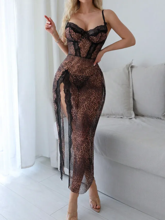 Long Lace Leopard Print High Slit Suspender Skirt Leopard Print - Shop at LoveMi