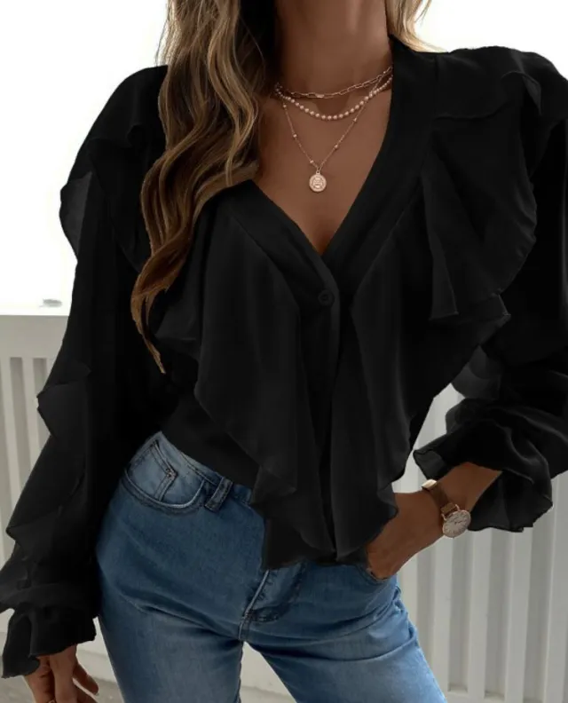 Women's SpringSummer V neck Flounce Top Black - Shop at LoveMi
