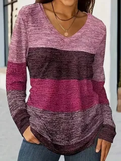 Casual Fashion Trends Color Matching Long Sleeve V-neck - Rose - View 1