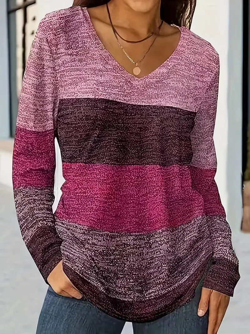 Casual Fashion Trends Color Matching Long Sleeve V-neck - Rose