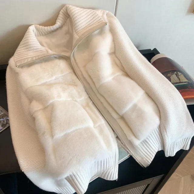 White Knitted Patchwork Mink fur Cotton Coat White - Shop at LoveMi