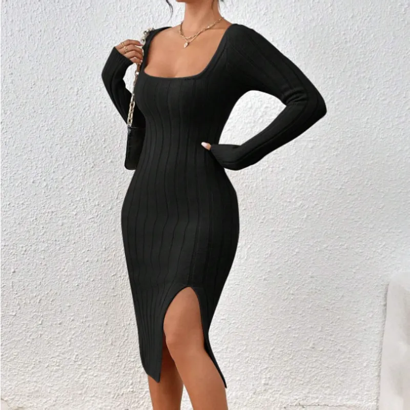 Square Collar Long Sleeve Knitted Dress Women - Black