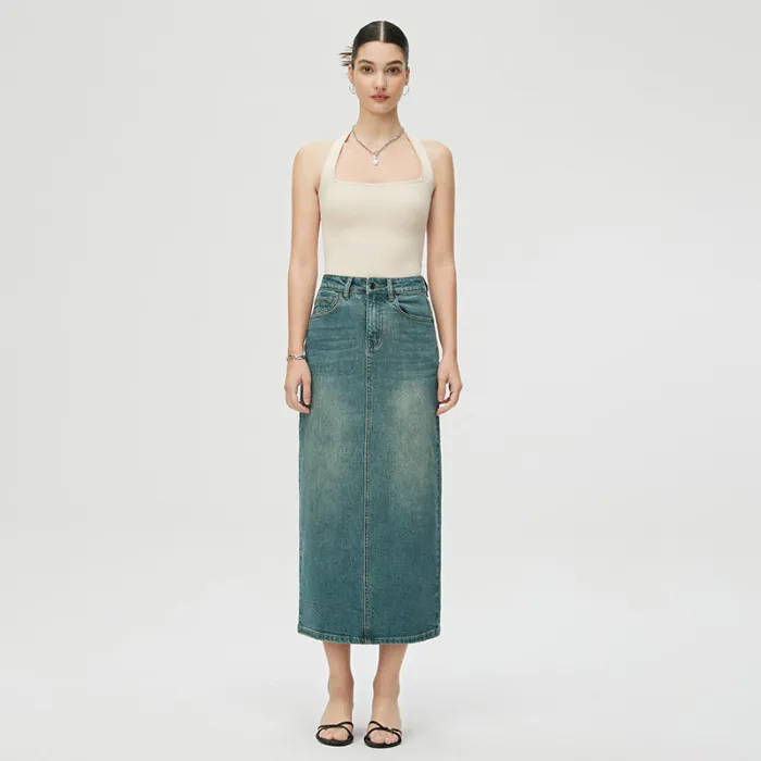 Women's Fashion Retro Slit Denim Skirt - Dark Green