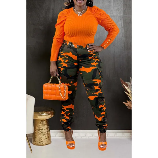 European And American Fashion Women's Camouflage Cotton Skinny Cargo Pants Orange - Shop at LoveMi