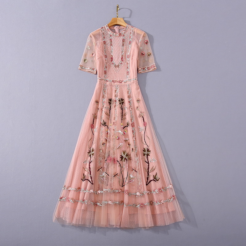 Double-layer Mesh Large Swing Dress Heavy Embroidery Stand Collar — image 1