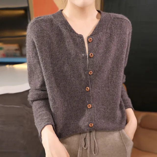 V neck Knitted Cardigan Coat Solid Color Short Loose Sweater Flower Coffee Color - Shop at LoveMi