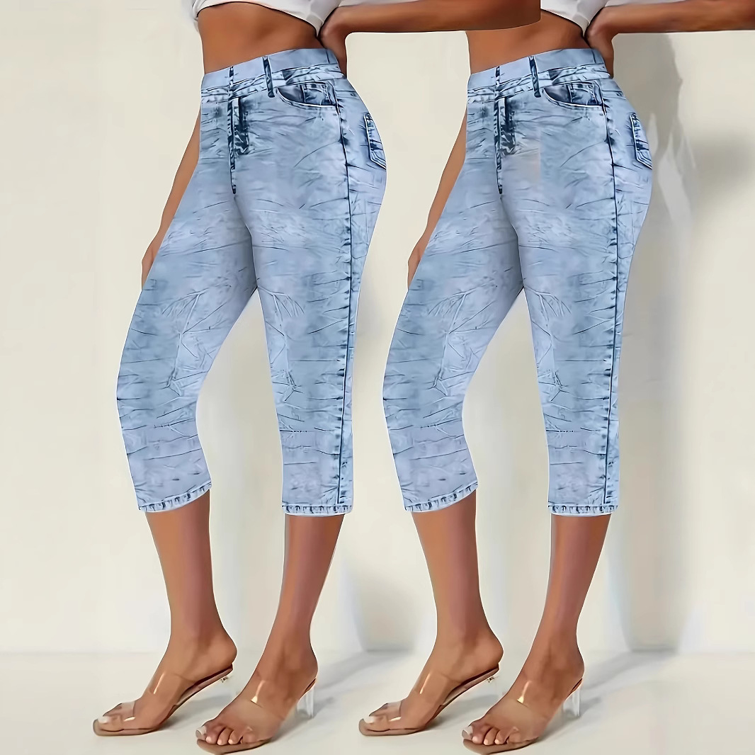 Denim-look High-stretch Tight-fit High-waisted For Summer