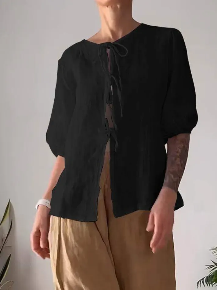Fashion Casual Solid Color Round Neck Tied Shirt High Waist Wide Leg Pants - Black
