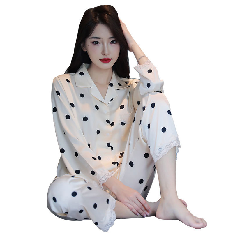 Spring Autumn And Summer Ice Silk Cow's Milk Polka Dot Long Sleeve Homewear