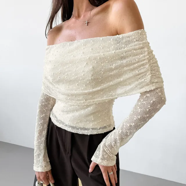 Jacquard Knitted Collar Women's Long Sleeve Top Apricot - Shop at LoveMi