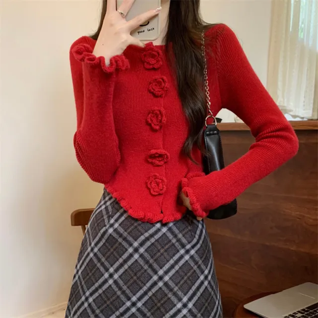 Women's Three dimensional Flower Long sleeved Sweater With Wooden Ear Red - Shop at LoveMi