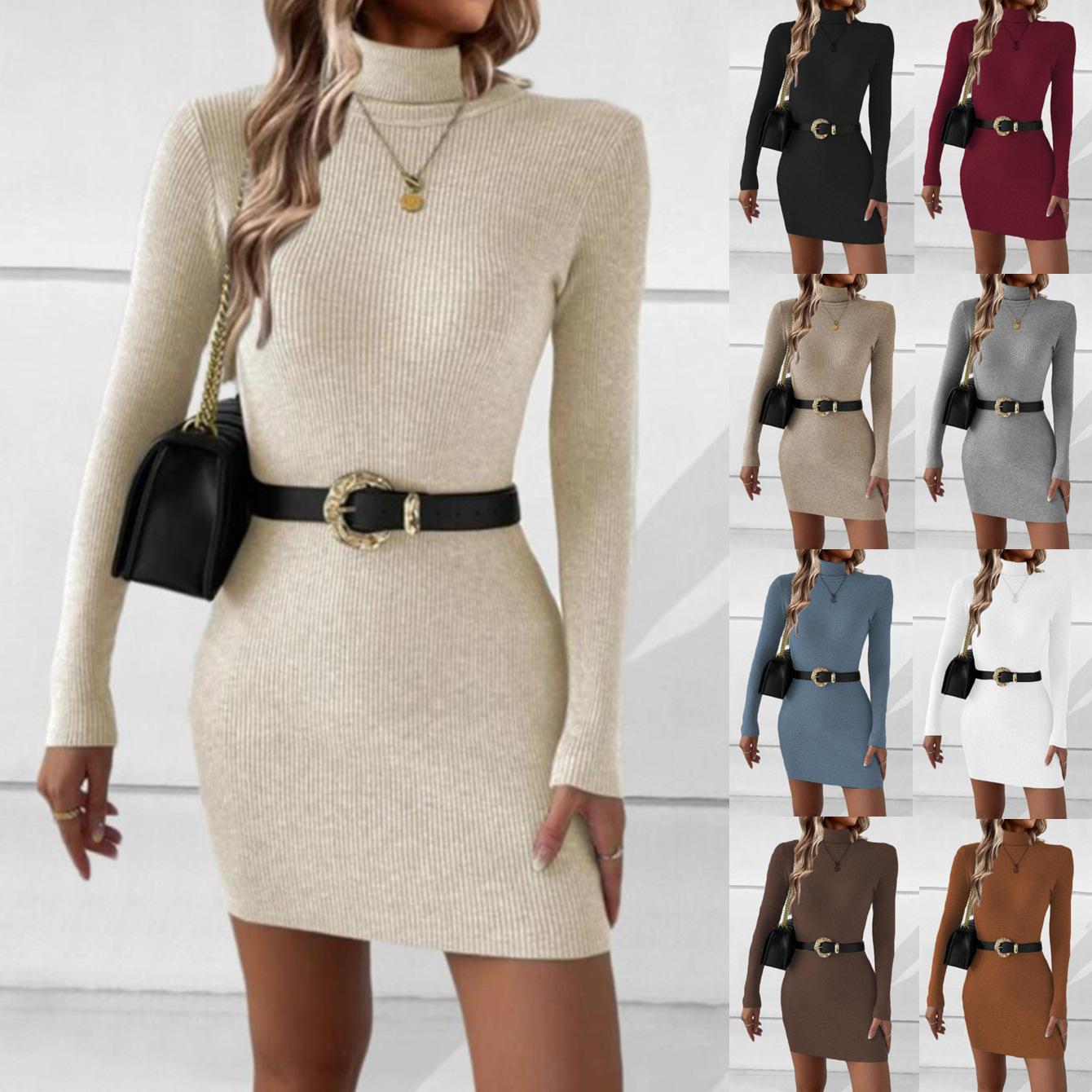 Women's Sexy Slim-Fit Turtleneck Long-Sleeve Knitted Sweater Dress