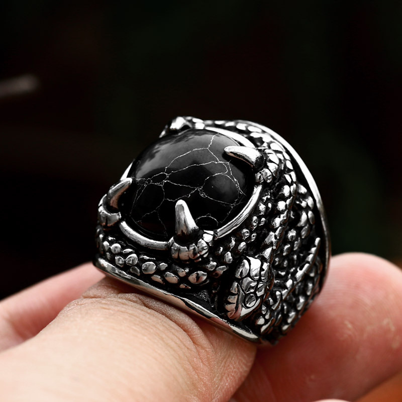 Stainless Steel Snake Casting Ring Titanium Steel Inlaid Black Turquoise Ring