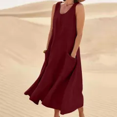 Pocket Sleeveless Round Neck Women's Cotton And Linen Dress - Red - View 1