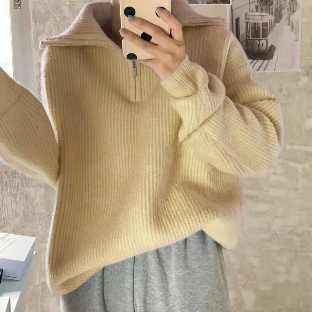 Women's Solid Color Loose Zipper Lapel Stand Up Sweater - Goose Yellow