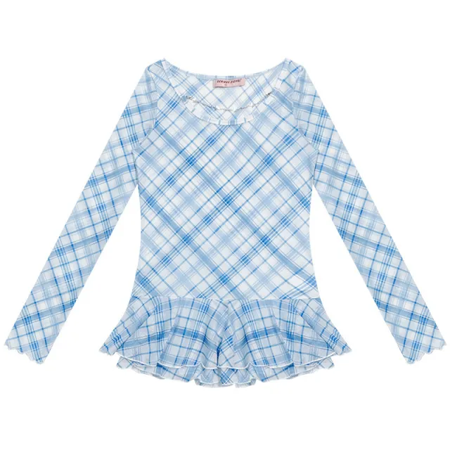 Women's Semi transparent Plaid Gauzy Blue Plaid Top T shirt Blue - Shop at LoveMi