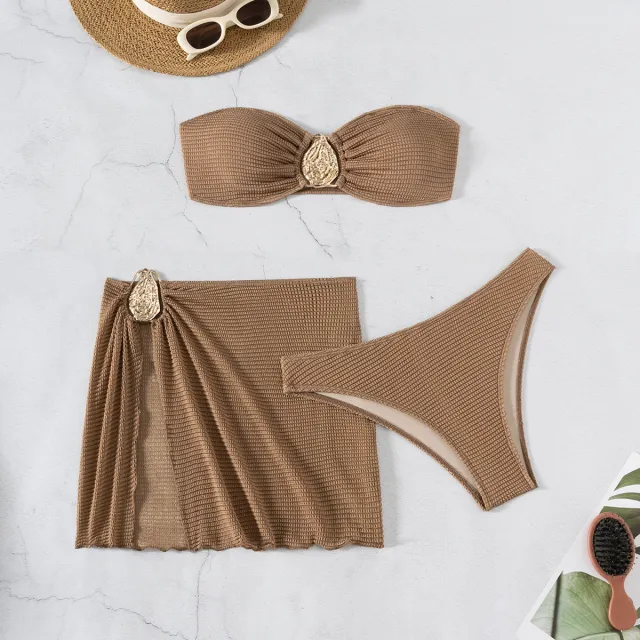 Hot Spring Vacation Beach Three piece Split Swimsuit Skirt Bikini For Women Brown - Shop at LoveMi