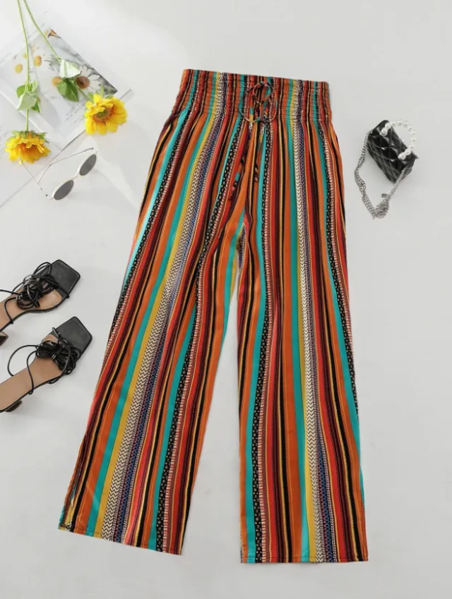 Multi color Stripe Women's Casual Pants Tied Elastic Waist Multicolor Nine Points - Shop at LoveMi