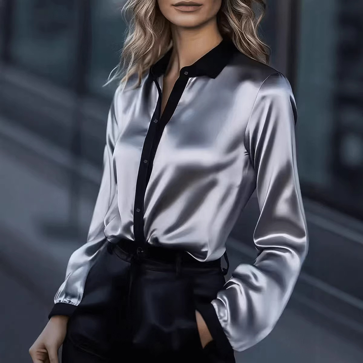 Women's Satin Color-Block Long-Sleeve Shirt Top