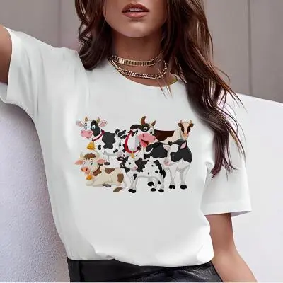 New Cow Animal Cartoon Print White Round Neck Short Sleeve White 1 - Shop at LoveMi