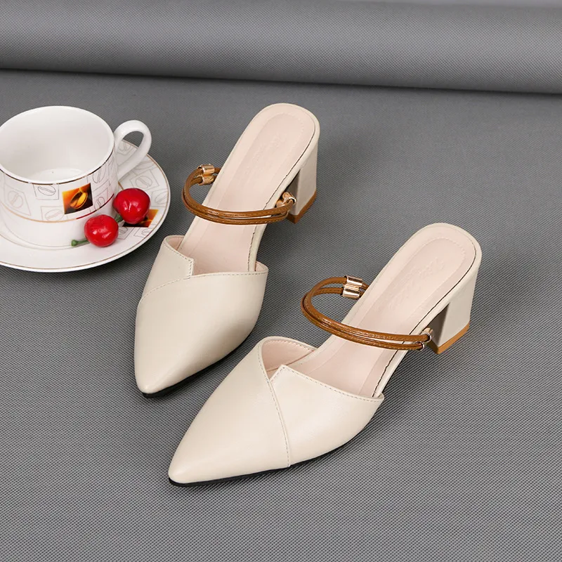 Pointed Toe Two-way Wear With Cool Half Slippers Chunky Heel Sandals - Beige