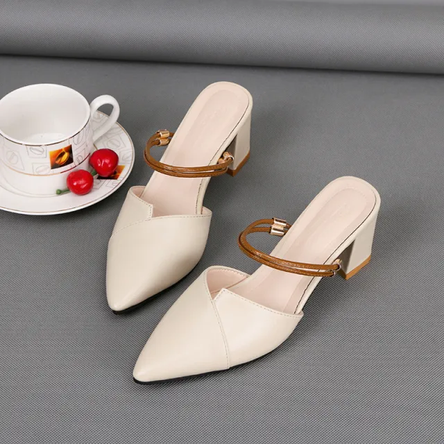 Pointed Toe Two way Wear With Cool Half Slippers Chunky Heel Sandals Beige - Shop at LoveMi