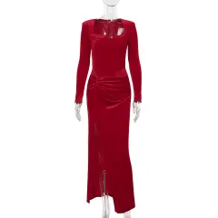 Socialite Style Elegant Long Sleeve Velvet Slit Formal Dress - Red - View 1