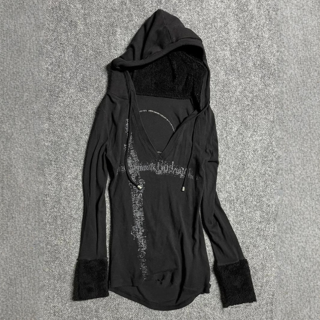 American-style Vintage Black V-neck Printed Hooded Loose-fit Long-sleeve Sweatshirt