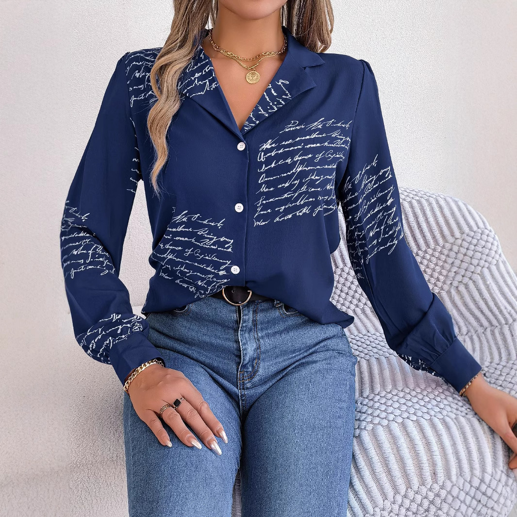 Womens CasualVersatile Longsleeve Shirt With A Lettered Blazer Collar