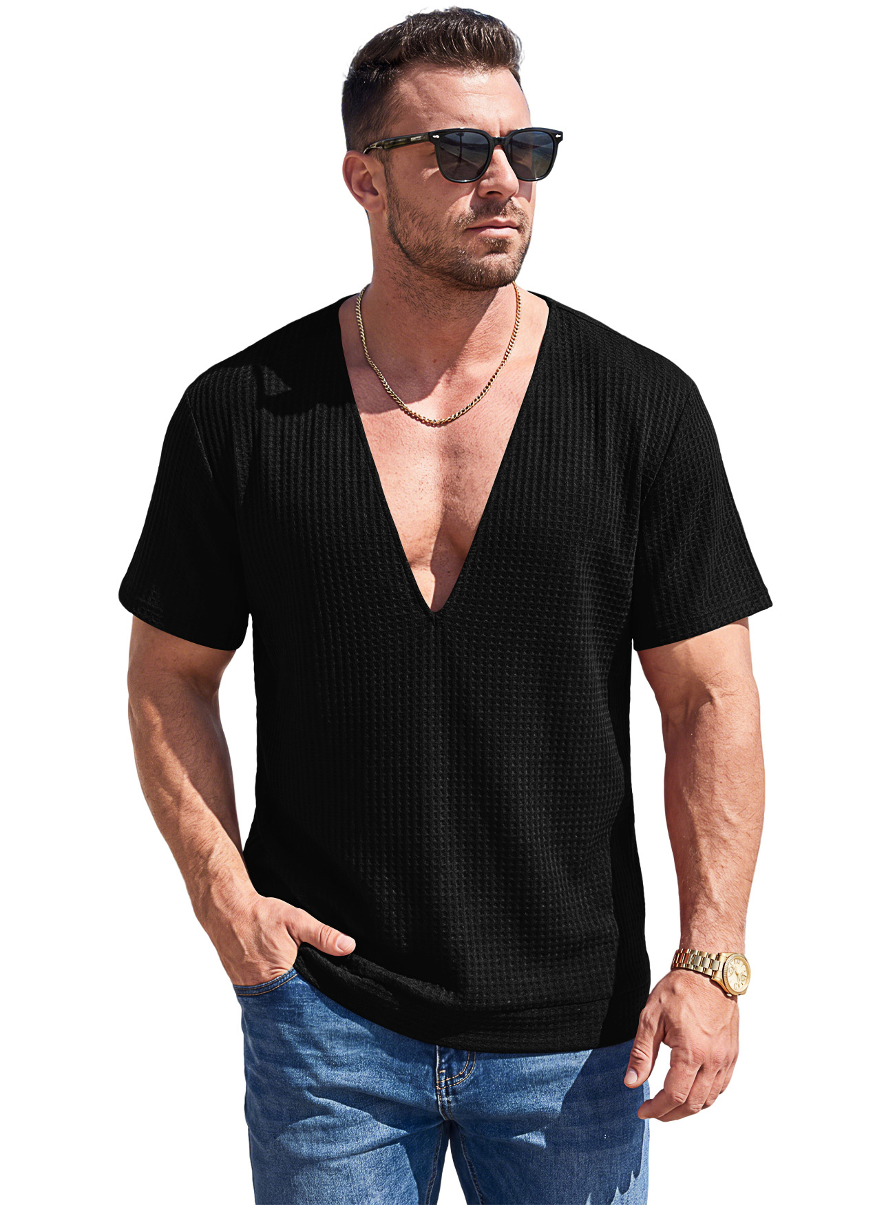 Mens Solid-Color Waffle-Weave Deep-V Short-Sleeve T-Shirt