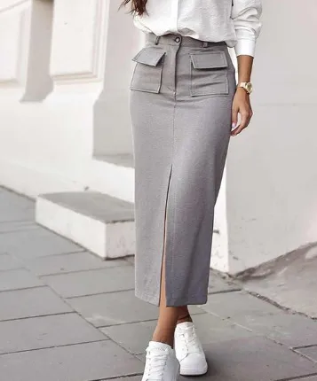 Women's Casual Pocket Slit Bag Hip Skirt Gray - Shop at LoveMi