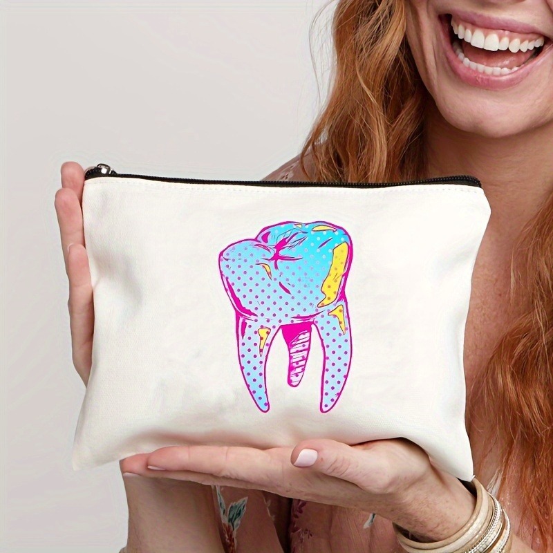 Tooth-patterned Canvas Zip Pouch For Kids Travel