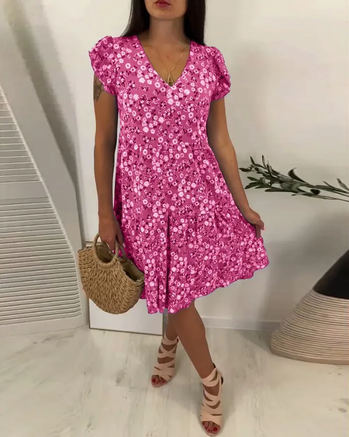 Women's V-neck Floral Short Sleeve Slim Fit Dress - Red