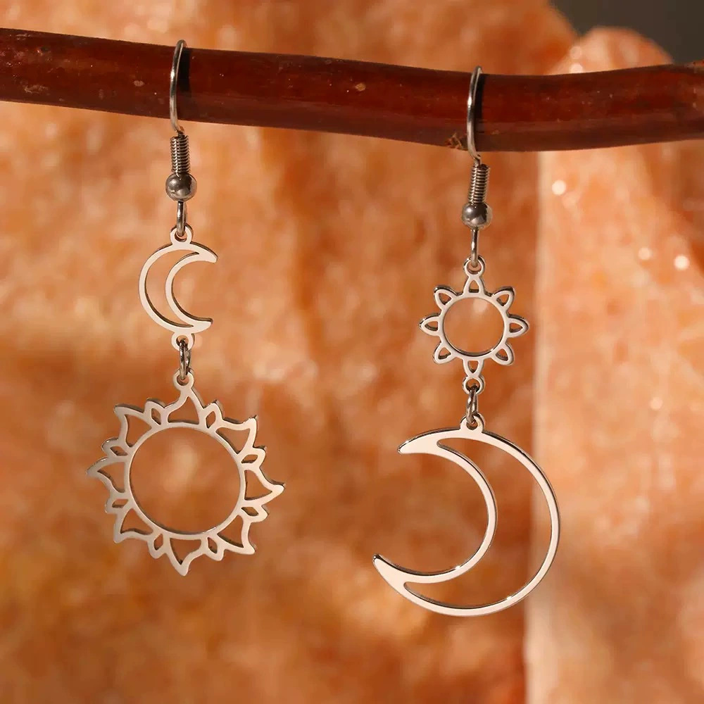 Retro Asymmetric Sun Moon Hollow Stud Earrings