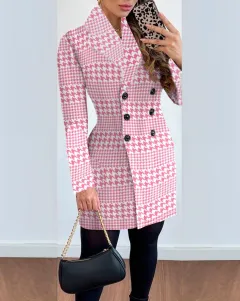 Women's Long-sleeved Double-breasted Suit Collar Printed Coat - Pink Plaid - View 1