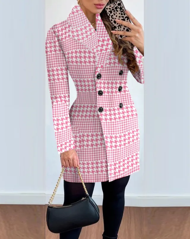Women's Long sleeved Double breasted Suit Collar Printed Coat Pink Plaid - Shop at LoveMi
