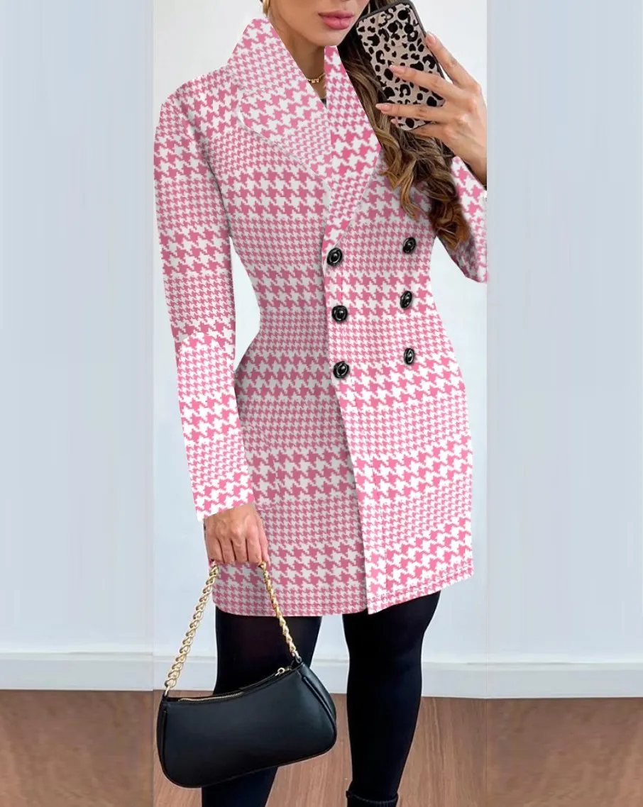 Women's Long-sleeved Double-breasted Suit Collar Printed Coat - Pink Plaid