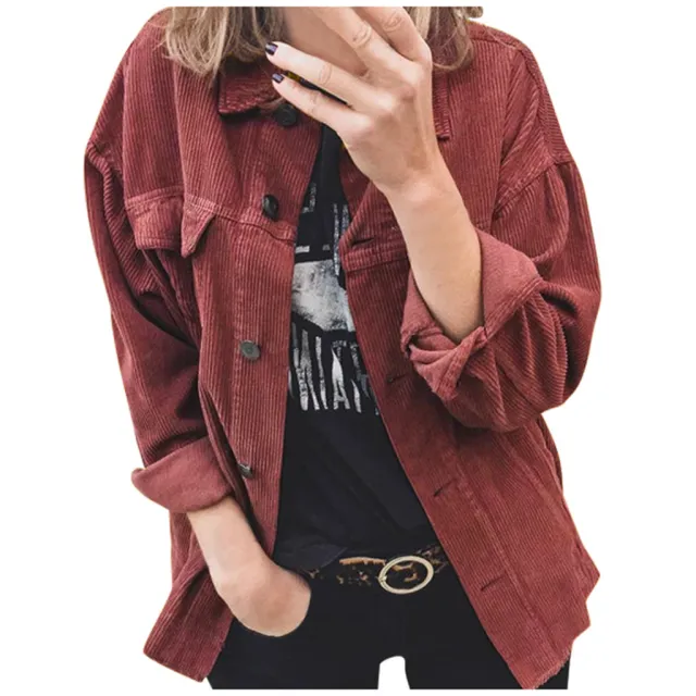 Autumn Corduroy Button Cardigan Long Sleeve Lapel Loose Thick Shirt For Women Wine Red - Shop at LoveMi