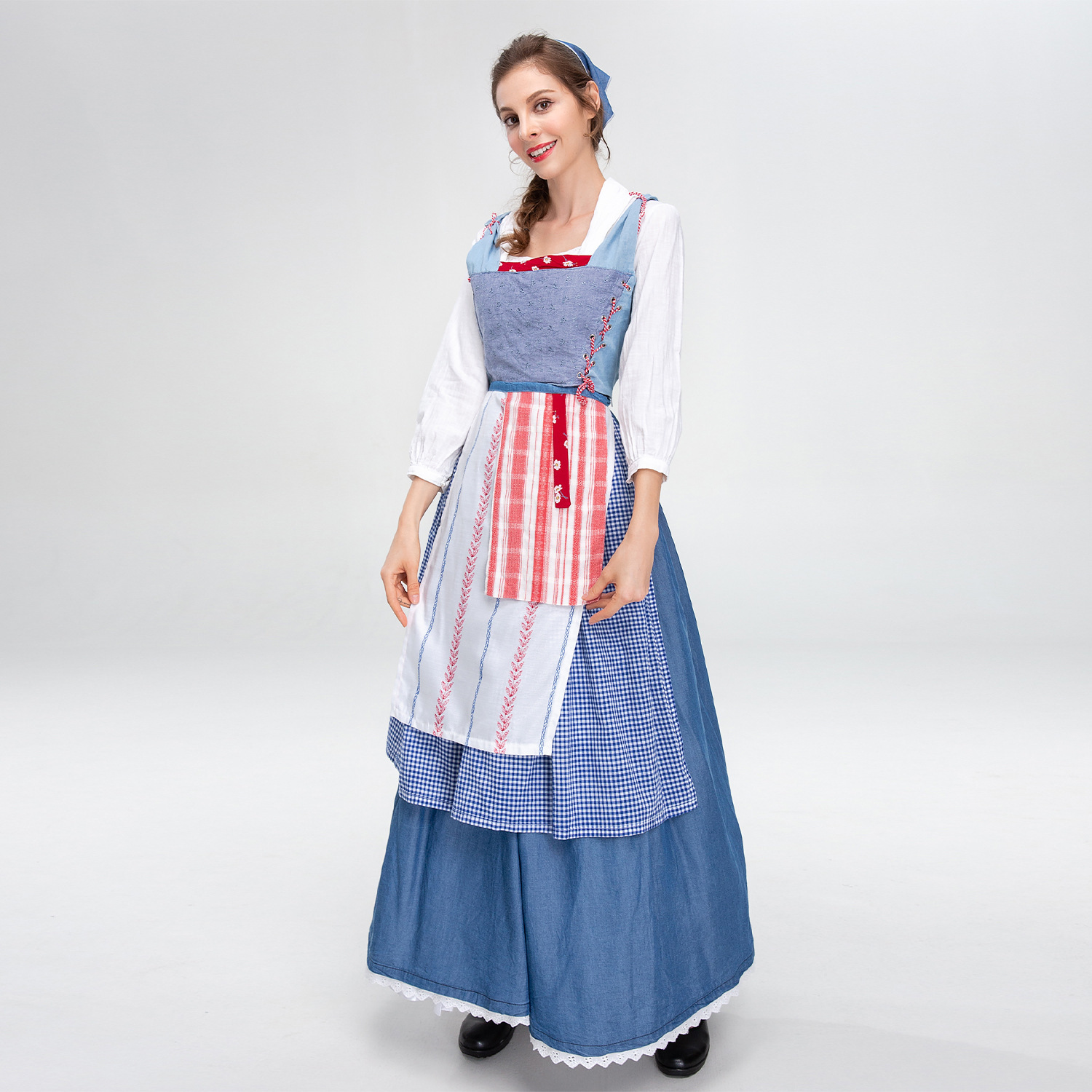 Women's French-style Blue Plaid Ethnic Clothing Set