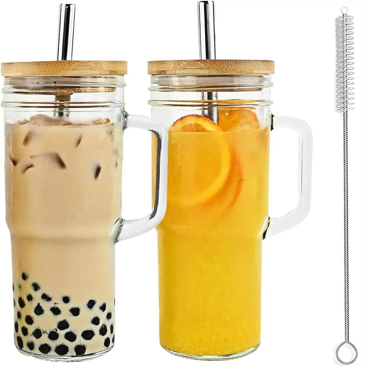 24oz Handle Wooden Lid Glass Straw Cup