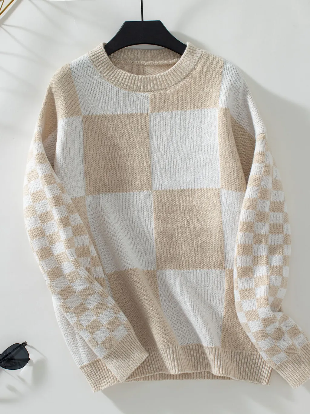 Autumn New Personality Slim Fit Color Matching Plaid Knitted Sweater - Khaki